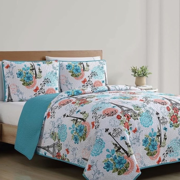 VCNY 3pc King Eifel Pinsonic Quilt Set Pink/Blue: Hypoallergenic NWT - Picture 1 of 5